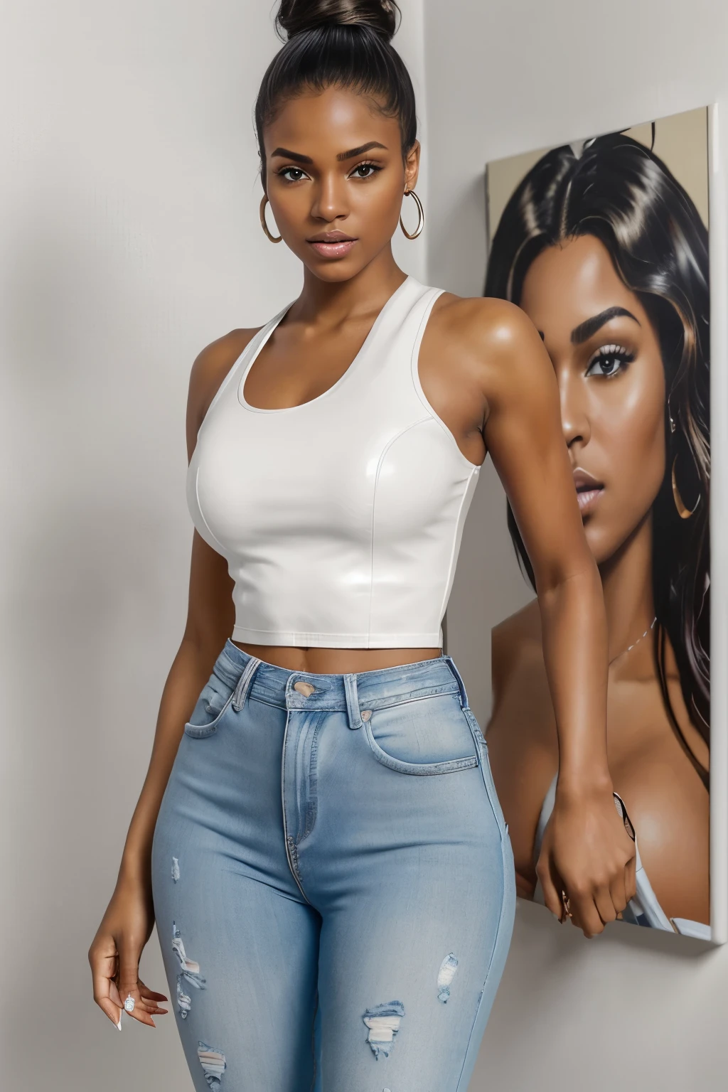 A stunningly beautiful 20-year-old woman with light brown skin, ((headshot of artwork, best quality, photorealistic, high resolution, professional photography:1.4)), wearing a short, open white leather jacket ((short:1.25)), accentuating her slender figure. Her upper body is further emphasized by a tight, white tank top ((short, tight:1.1)), showing off her perfect bodily form. She pairs these with Blue Jeans ((Blue Jeans:1.2)) and stiletto heels ((stiletto heels:1.3)).
Her hands and fingers are beautifully manicured, showcasing realistic skin tones. Her curves are