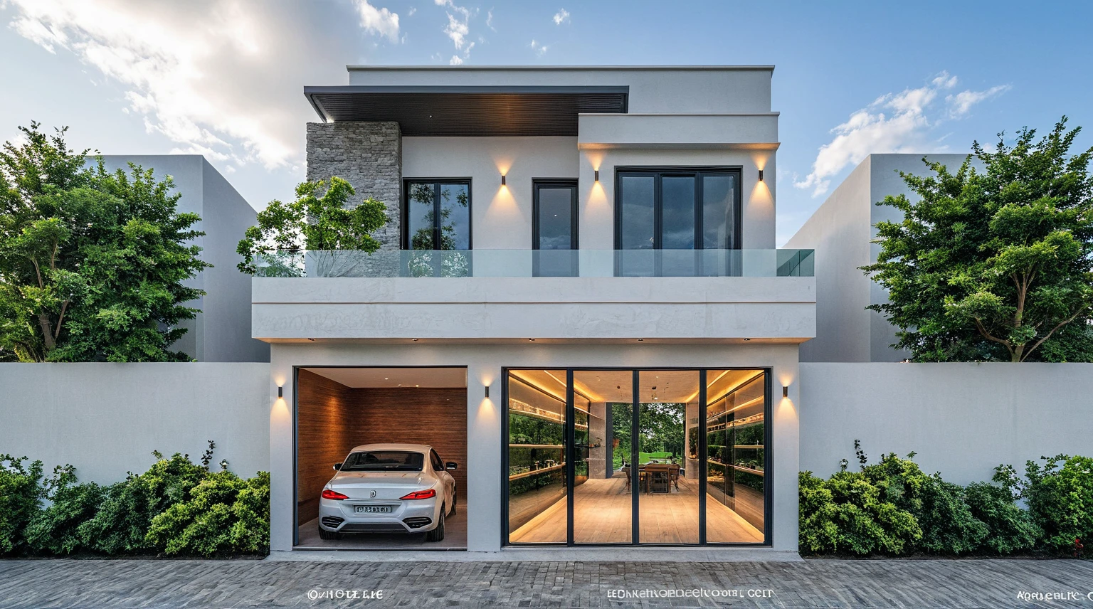 Masterpiece, high quality, best quality, authentic, super detail, outdoors, onestoreyvillaXL, aiaigroup, house style modern on the street ,stairs, white wall ,road,pavement, grass, trees, sky, cloud, (daylight:1.1)