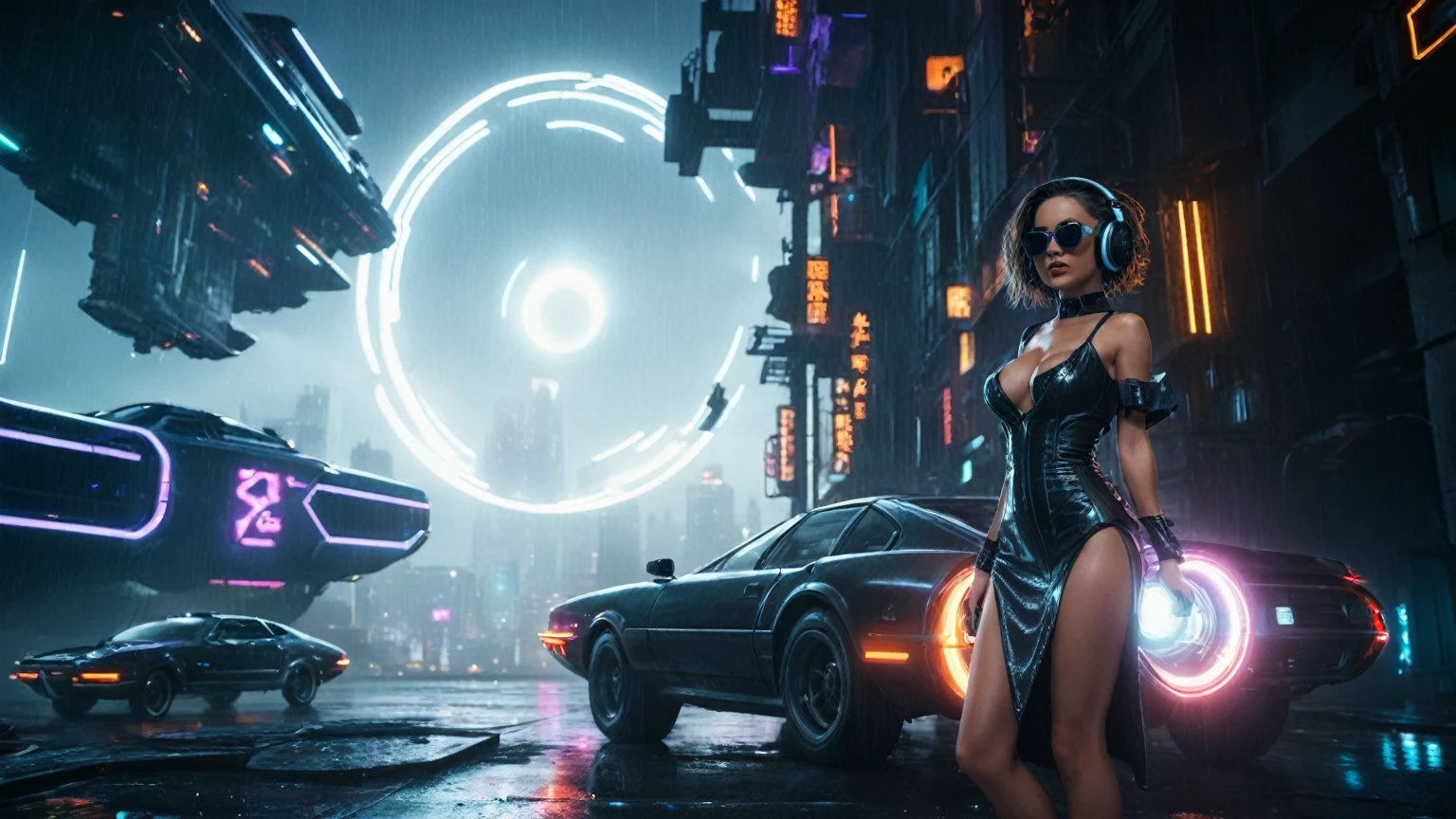 (aerial view, a flying cars docking platform, a very dark abandoned futuristic city, neon lights), rainy night. 1girl, solo, alone, large-breast:1.2 slim body, cleavage:1.1, sexy wind blowing wet dress:1.4, (headphone, black sunglasses), (((((she raised:1.8 a pistol:1.8 and took aim))))), dynamic pose, (((half-body thigh level medium shot))), cinematic lighting, lens flare, ray tracing.
