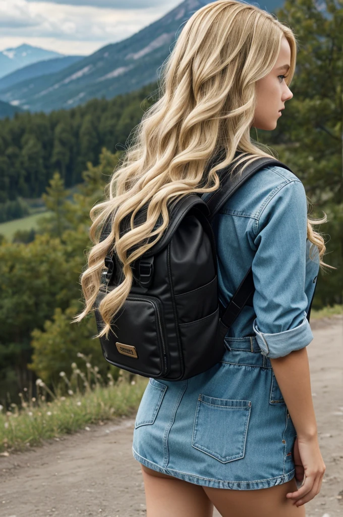 A girl with her back turned, with long wavy blonde hair wearing a backpack. video game character 