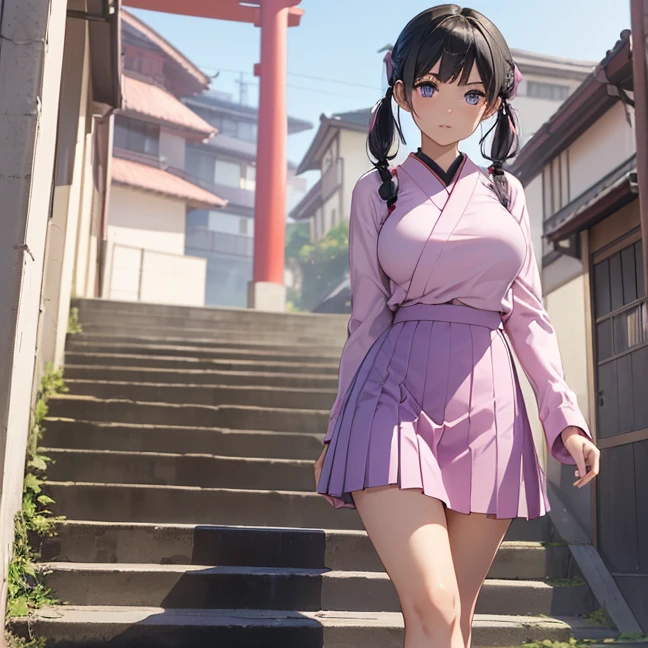 Master piece, best high quality image, carefully detailed details and textures, alone character, full body view
{{(1character: 20 years old black haired japanese human girl noble: (fair skin, black short hair tied in two short pigtails, beautiful blue eyes, beautiful face, sharp eyebrows, nice figure, big breasts, beautiful legs, shy expression, walking downstairs), (pink skirt, purple top, red boots), (japanese big luxury house, clean stairs))}}