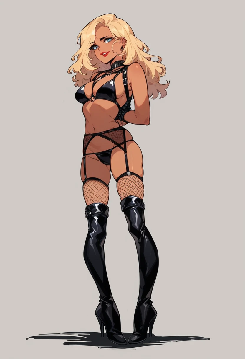 Beautiful sensual erotic woman with big .She wears fishnet stockings up to her thighs.Blue eyes with black eyeliner, Red semi-matte lipstick, Tan Skin, A frivolous, proud smile, Blonde.Full body image、Plain white background、Black thigh-high boots with black stiletto heels.Black harness、Black bikini swimsuit、Black bra、Black garter belt、Full body angle from the front、Bondage 、Pin-up girl style、