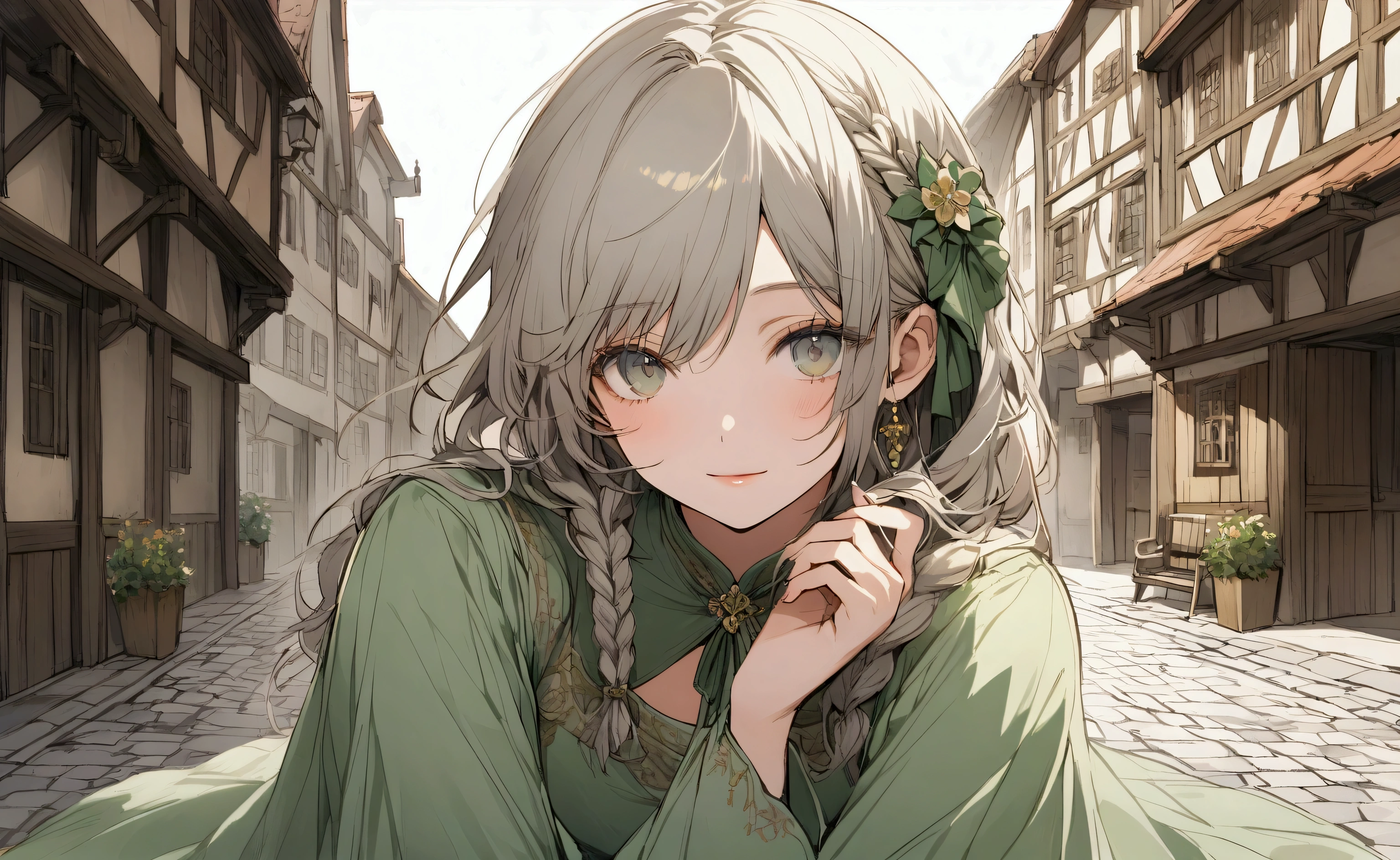 Create a detailed illustration of a beautiful medieval woman standing on a cobblestone street, with the focus on your character rather than your costume. She is dressed in a simple dress, yet elegant, in soft, neutral tones, like light gray or sage green. The dress has a modest neckline, with minimalism in embroidery or decorations, and features long, flowing sleeves and a fitted bodice.
Her hair is styled in loose waves that fall over her shoulders., with some small braids and a simple and delicate hair accessory, like a small ribbon or flower.
The background shows a charming medieval street with stone buildings, wooden beams and low-key market stalls. Soft, warm light filters through the scene, casting a gentle glow over the cobblestones and buildings. The atmosphere is serene and inviting, reflecting a peaceful day in a medieval town.
The woman's expression is thoughtful and soft, with natural and minimal makeup highlighting your features. She is looking directly at the viewer with a serene posture, making her the central focus of the illustration. The scene must be rich in textures and details, but the main emphasis is on the character itself, instead of on clothes