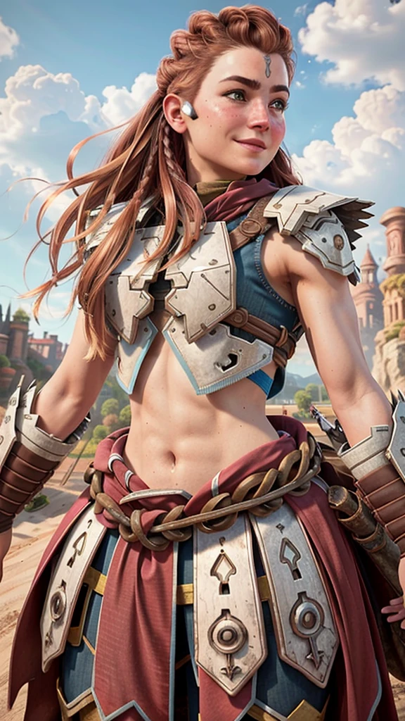 AloyHorizon, solo, long hair, smile, brown hair, hair ornament, navel, brown eyes, weapon, braid, outdoors, parted lips, sky, day, midriff, red hair, from behind, armor, blue sky, lips, looking away, thick eyebrows, shoulder armor, freckles, showing big ass, half naked. 