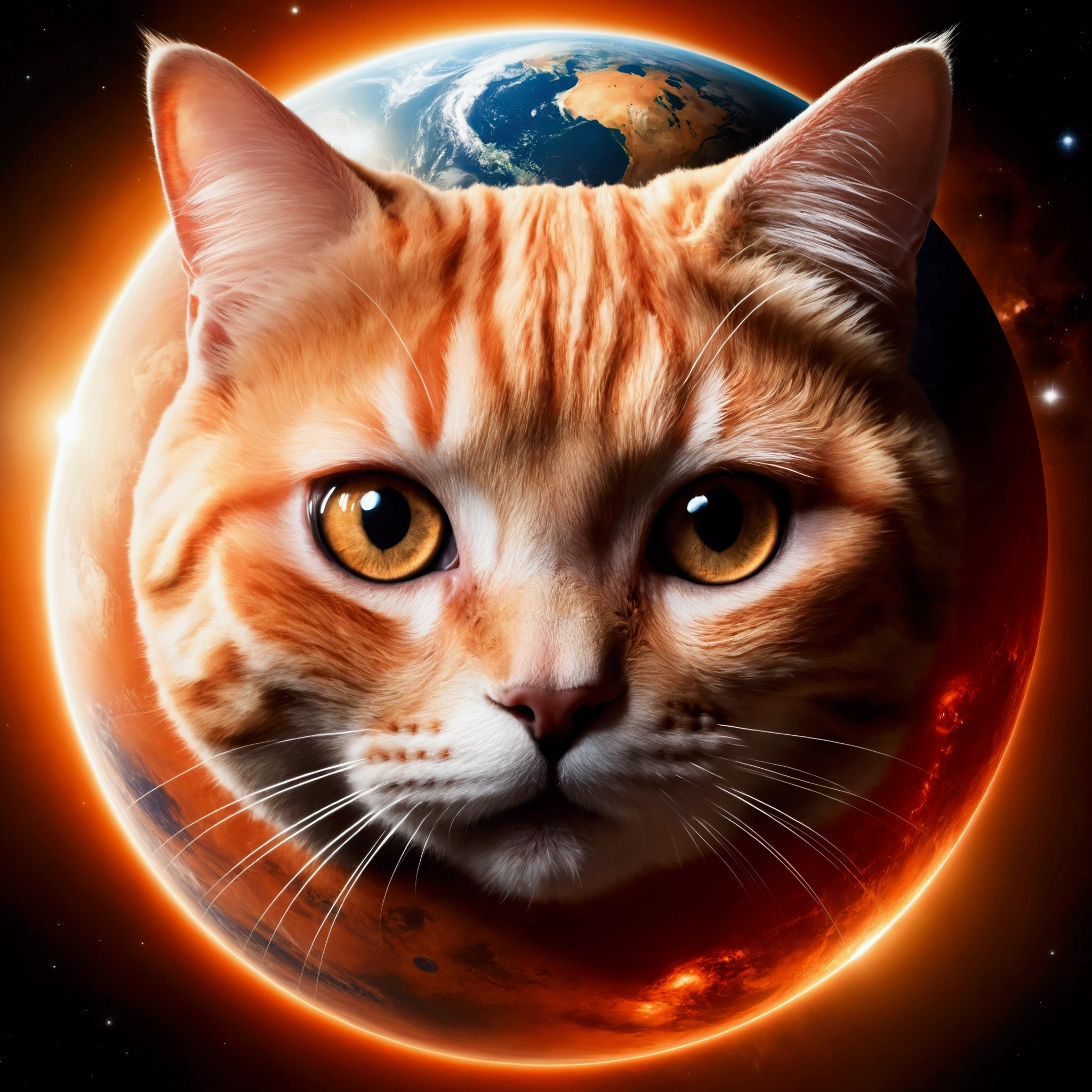 A planet that looks like a cat's face has been created next to Earth! Planet with a cat's face in orange.