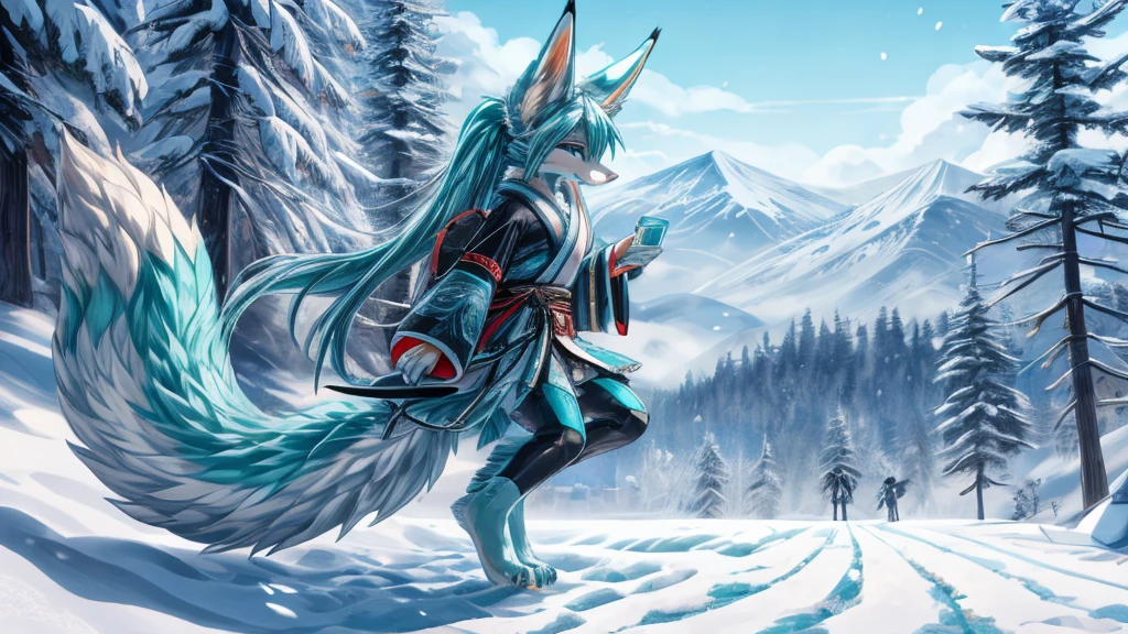 The best quality, Japanese adolescent hatsune miku x kitsune , fox face elongated snout add-detail, heated add_detail, kitsune warrior in the snow add_detail:1, barefoot add_detail:1 mistycal aura add_detail 