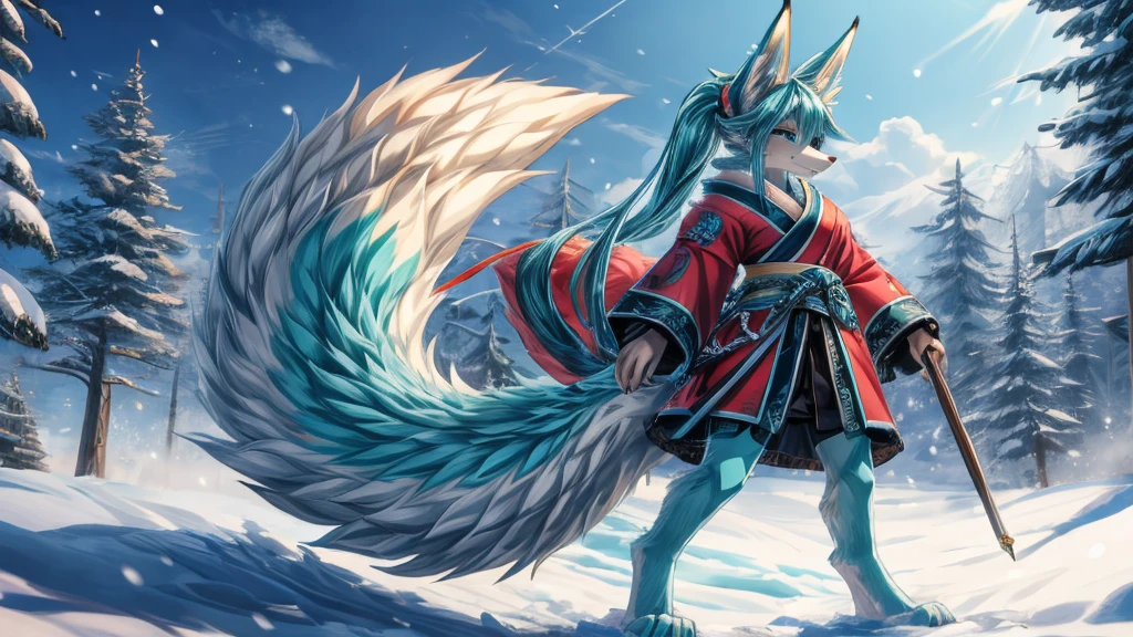 The best quality, Japanese adolescent hatsune miku x kitsune , fox face elongated snout add-detail, heated add_detail, kitsune warrior in the snow add_detail:1, barefoot add_detail:1 mistycal aura add_detail
