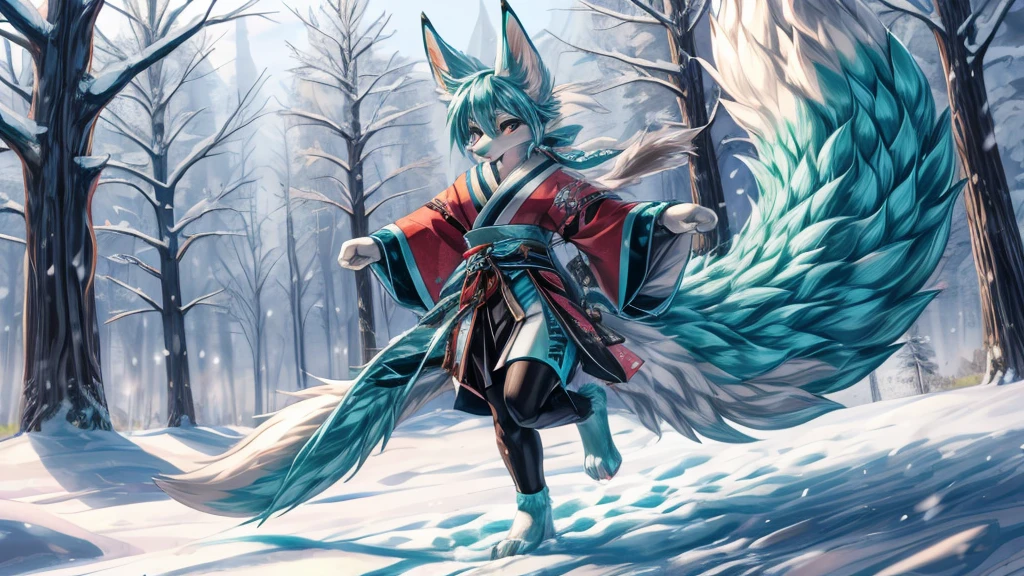 The best quality, Japanese adolescent hatsune miku x kitsune , fox face elongated snout add-detail, heated add_detail, kitsune warrior in the snow add_detail:1, barefoot add_detail:1 mistycal aura add_detail 