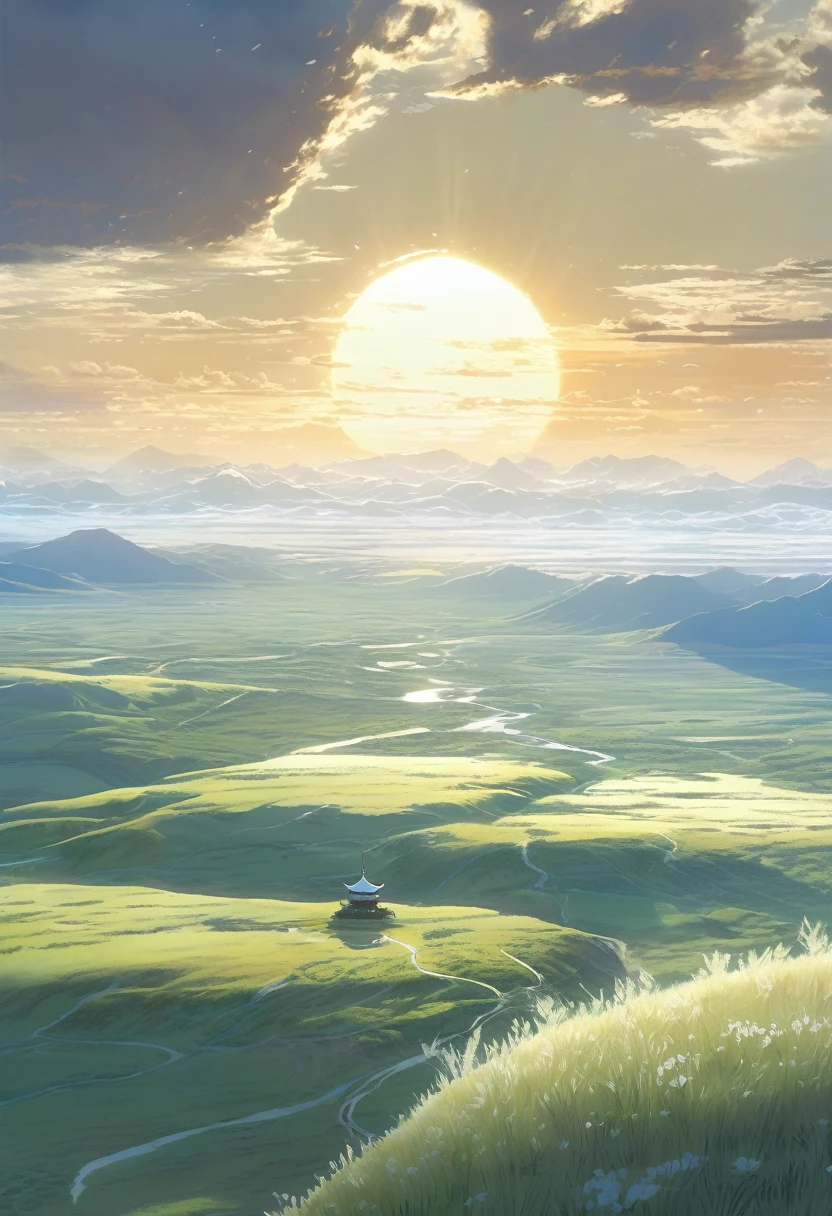 Nomadic Plains, The natural beauty of the Alabaster White mythical northern plains, White Mongolian Mythical Landscape, Pure White color scheme only, Heavenly colors only, White, Made in Abyss, Stormlight Archive, Studio Ghibli, Anime Key Visual, by Makoto Shinkai, Deep Color, Intricate, 8k resolution concept art, Natural Lighting, Beautiful Composition, Xianxia style