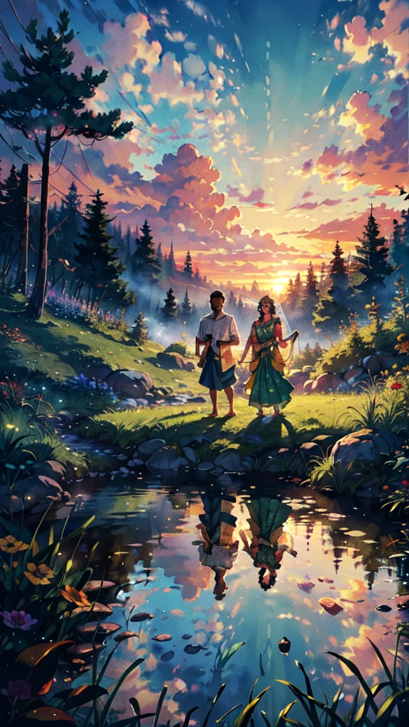 beautiful sunset, hindu temple, newly married south indian couple in traditional saree and doti outfit, decorative flower garland in thier neck, BREAK (masterpiece, best quality:1.2), outdoors, nature, forest, pines, grass, tall grass, detailed grass, plants, day, clouds, flower