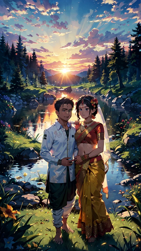 beautiful sunset, hindu temple, newly married south indian couple in traditional saree and doti outfit, decorative flower garland in thier neck, BREAK (masterpiece, best quality:1.2), outdoors, nature, forest, pines, grass, tall grass, detailed grass, plants, day, clouds, flower