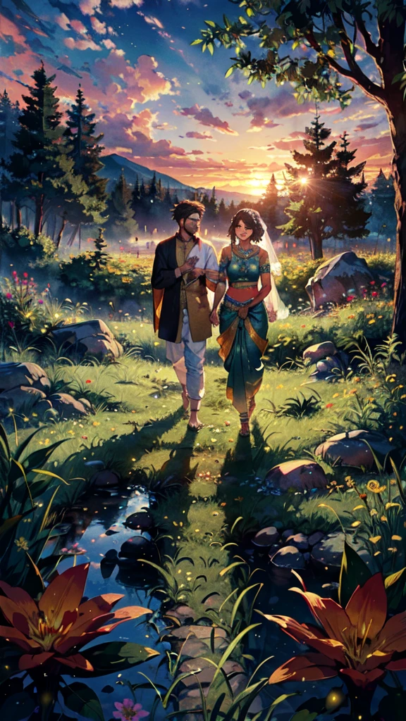beautiful sunset, hindu temple, newly married south indian couple in traditional saree and doti outfit, decorative flower garland in thier neck, BREAK (masterpiece, best quality:1.2), outdoors, nature, forest, pines, grass, tall grass, detailed grass, plants, day, clouds, flower