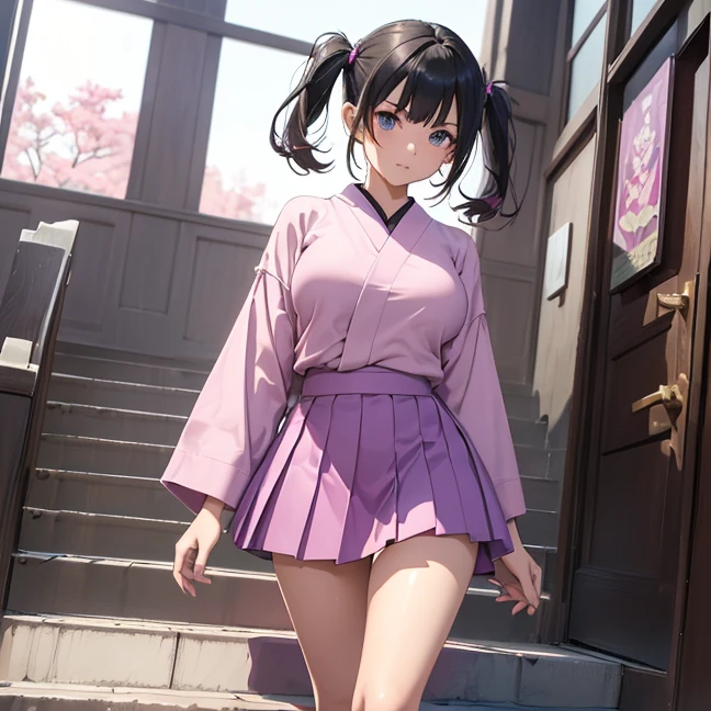 Master piece, best high quality image, carefully detailed details and textures, alone character, full body view
{{(1character: 20 years old black haired japanese human girl noble: (fair skin, black short hair tied in two short pigtails, beautiful blue eyes, beautiful face, sharp eyebrows, nice figure, big breasts, beautiful legs, educated expression, walking downstairs), (pink skirt, purple top, red boots), (japanese big luxury house, clean stairs))}}