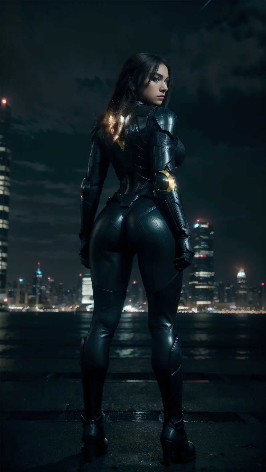 Hyper-realistic digital illustration featuring a Full-length photo of ((((Full body)))) amazingly beautiful female superhero with determined and focused expression and perfect physique in stylish, Darker, Batman inspired Iron Man armor, floating in the night sky above a busy cityscape. The armor is a mix of shiny black and shiny neon yellow with red and yellow accents, and a neon bat symbol is emblazoned on the upper body. The skyline is full of skyscrapers, whose lights create a lively background. She is self-confident, one hand on the hip, while she holds the other towards the viewer, to protect the city beneath her. The scene is dramatically lit, the moon peeks out from behind the clouds and casts a blue shimmer over the scene.0pev3