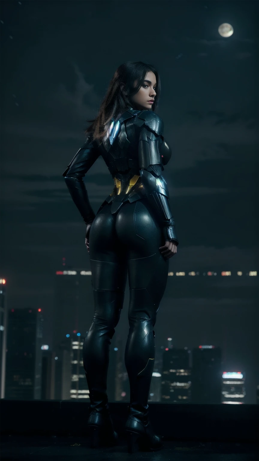 Hyper-realistic digital illustration featuring a Full-length photo of ((((Full body)))) amazingly beautiful female superhero with determined and focused expression and perfect physique in stylish, Darker, Batman inspired Iron Man armor, floating in the night sky above a busy cityscape. The armor is a mix of shiny black and shiny neon yellow with red and yellow accents, and a neon bat symbol is emblazoned on the upper body. The skyline is full of skyscrapers, whose lights create a lively background. She is self-confident, one hand on the hip, while she holds the other towards the viewer, to protect the city beneath her. The scene is dramatically lit, the moon peeks out from behind the clouds and casts a blue shimmer over the scene.0pev3