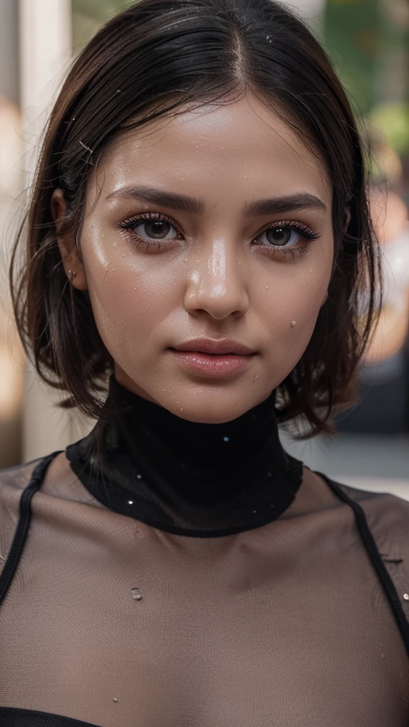 8k, RAW Photo, Photorealistic: 1.25), (Lip Gloss, Eyelashes, Glossy Face, Glossy Skin, Best Quality, Ultra High Resolution, Depth of Field, Chromatic Aberration, Caustics, Moisturized Lips, Ultra-Trimmed Face, Radiant Detailed Eyes, Black Hair, Semi-Long, Fashionable, Tight Knit Dress, Sheer
