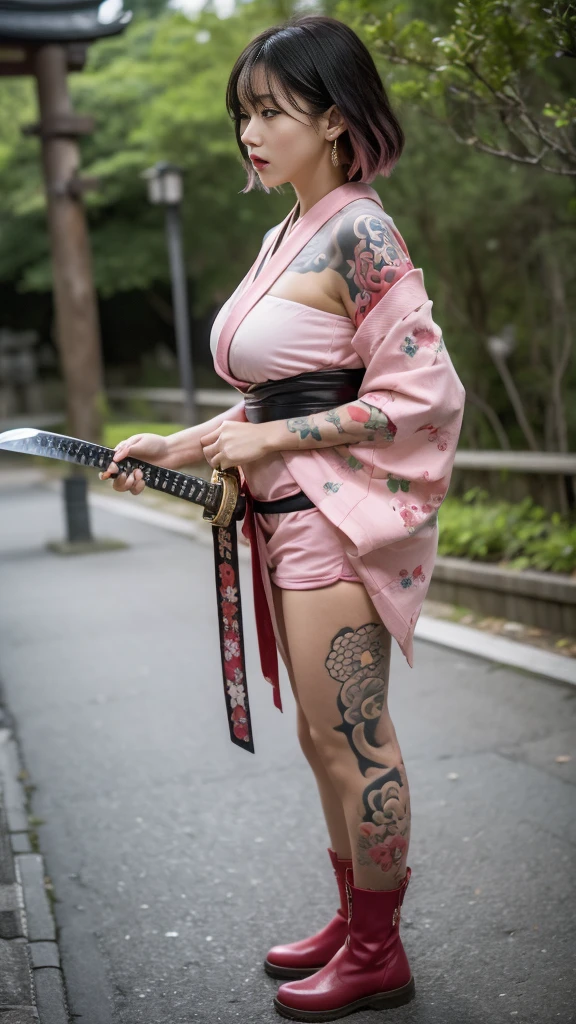 Beautiful Chinese woman, (), cute face, red lips, white moist skin, moles, under-eye bags,
BREAK,
Feminine body with high athletic ability, Body of a female fitness model, Feminine body with hard tones, (muscles: 1.2), (beautiful belly button),
BREAK,
Fighter, Kung Fu fighter, Idol,
BREAK,
(Wearing cute kimono: 1.3), (Kimono with high exposure: 1.3), (Red long boots 1.3), Necklace, Very large earrings, Short length,
BREAK,
Short hair, (Short bob hair), (Bangs: 1.2), (Pink hair: 1.3), (Wavy hair),
BREAK,
(Very large Japanese sword: 1.4), (Holding the handle of a Japanese sword in hand: 1.3), (Raising a very large Japanese sword: 1.2), (Getting into a fighting stance),
BREAK,
(Japanese tattoo: 1.4),
BREAK,
Masterpiece, Perfect lighting, Ultra high resolution, 8K, (Highly detailed:1.4), (Front view), Looking at camera, Melancholic expression,
BREAK,
(Tokyo city, lots of people in background), Japanese city background,