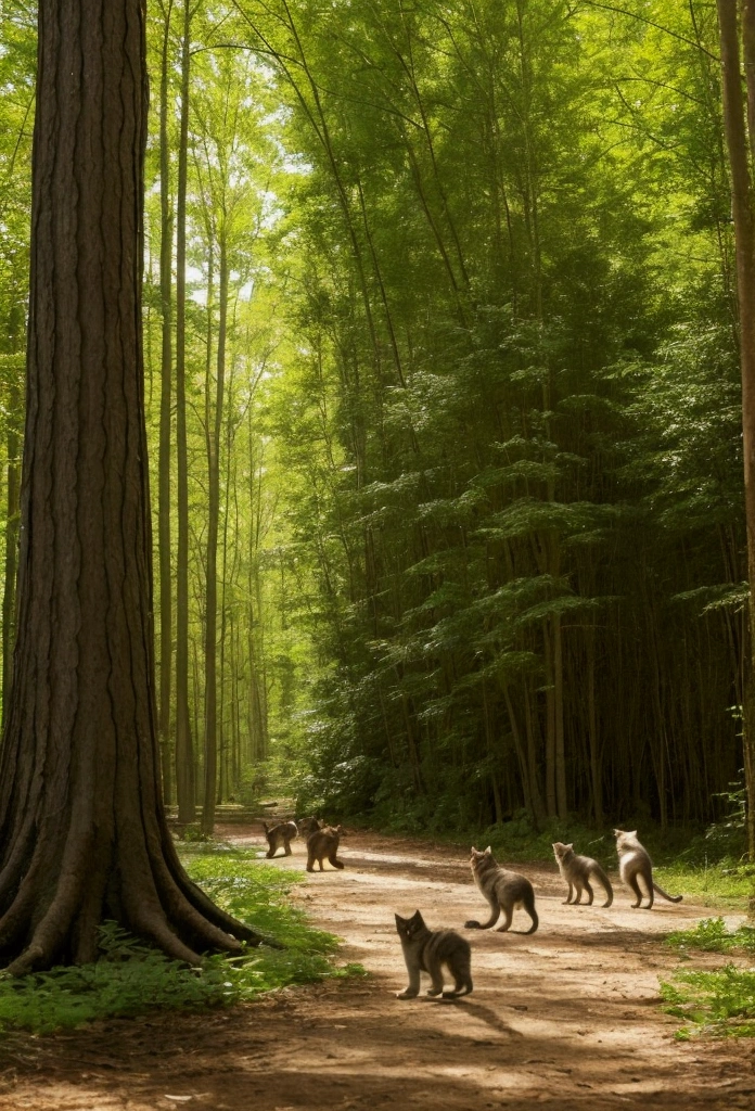 Illustrate an ultra-realistic and professional scene featuring a squad of elite special forces cats heavily armed and walking through a dense forest at sunset. Each cat is outfitted in detailed tactical gear, including body armor, weapons, and communication devices. The scene captures the golden hues of the setting sun filtering through the trees, casting a warm glow over the squad. The cats are moving in formation, displaying a sense of readiness and vigilance. The background should include realistic forest elements, such as trees, underbrush, and dappled light. The cats' expressions should reflect determination and focus, embodying the essence of elite special forces operatives on a mission.
Key Elements to Include:
Squad of cat special forces members in detailed tactical gear.
Each cat heavily armed with realistic weaponry.
Dense forest setting with the warm glow of sunset filtering through the trees.
Cats moving in formation, displaying readiness and vigilance.
Realistic forest elements, including trees, underbrush, and dappled light.
Cats' expressions reflecting determination and focus.
Style:
Ultra-realistic with meticulous attention to detail, capturing the intensity and beauty of the scene.