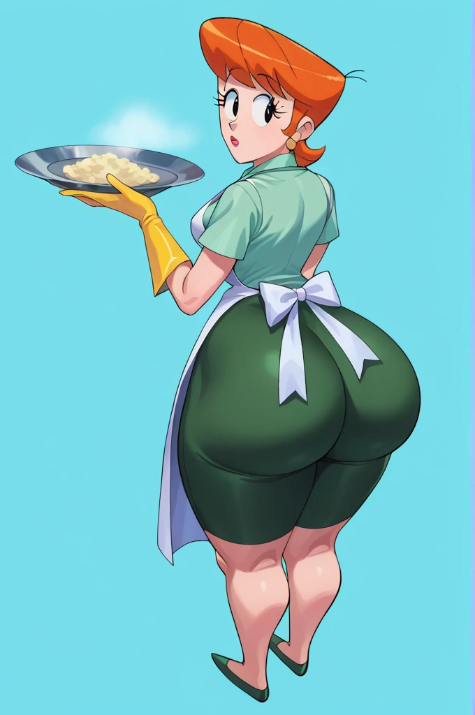 score_9, score_8_above, score_7_above, BREAK, 1 girl, Alone, old,  dextersmom, makeabove, jewelry, gloves, shirt, apron, aboveper body, portrait, mature woman, simple background, thick thighs, Wide hips, big ass, slightly showing the crack in the butt, showing big butt,