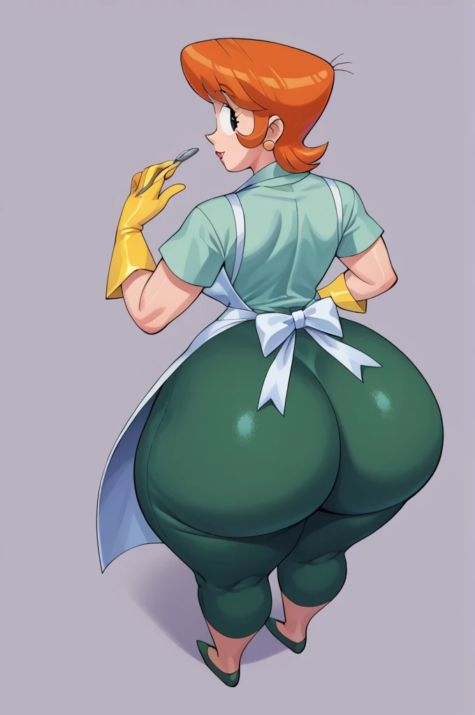 score_9, score_8_above, score_7_above, BREAK, 1 girl, Alone, old,  dextersmom, makeabove, jewelry, gloves, shirt, apron, aboveper body, portrait, mature woman, simple background, thick thighs, Wide hips, big ass, slightly showing the crack in the butt, showing big butt,