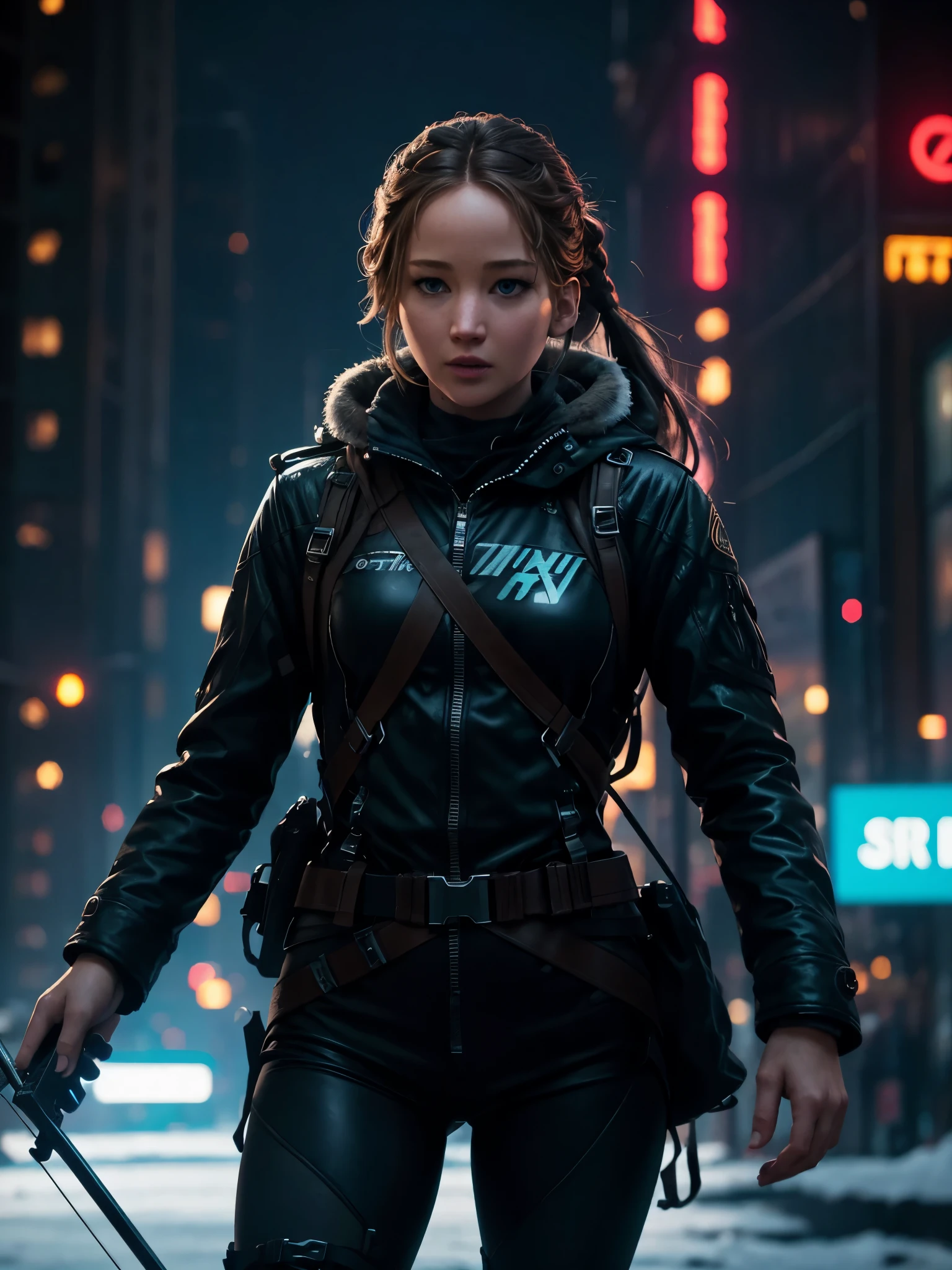 Photorealistic, high fidelity, RTX. Imagine Jennifer Lawrence as a  girl from the Hunger Games, turned to the back, behind shot, with a crossbow and arrows, exploring a snowy landscape in a cyberpunk city. Neon lights and holograms create a winter wonderland with a futuristic twist. Her stylish outfit and energetic pose showcase her adventurous spirit and love for cyberpunk winter adventures.