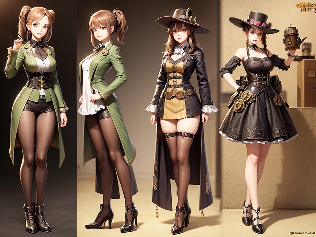 Frog-like face、steampunk、Three-dimensional view、Front, side and back view、Character Sheet、Standing woman
