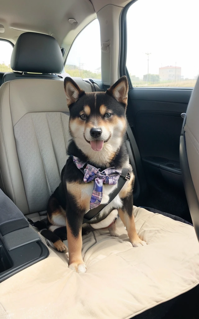 一只微笑着可爱的Shiba Inu坐在The back seat of the car上, The back seat of the car,There is a beige diaper on the seat.,Natural light and shadow,Natural wrinkles,Ultra-realistic photography,Beige short plush diaper blanket,Shiba Inu, Well-dressed, Sitting in her car, A handsome,Panoramic view, Full portrait, Looks smart, Shiba Inu, looking heckin cool and stylish, full functioning, beautiful girl
