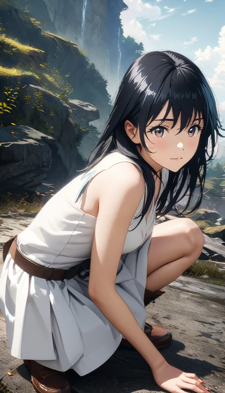 Anime-style image of a sitting woman in black and white clothing, Enchanting anime girl, Beautiful anime girl crouching, Smooth anime CG art, Anime girl crouching, Photorealistic anime girl render, Makoto Shinkai and Artgelm, Gweiz-style artwork,