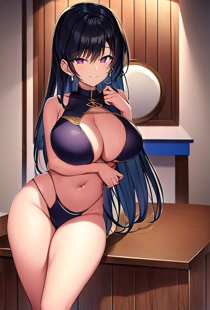 (M), (figure), Sexy,Sexual,Swimwear,(Smiling),, , (Best figure), (Beautiful attention to detail),Black Hair, (Highest quality), (Very detailed), (masterpiece), (wallpaper), (Detailed face), ((alone)), Big Breasts, Long legs,, (No pants), (No bra) ,(masterpiece, Highest quality:1.2),