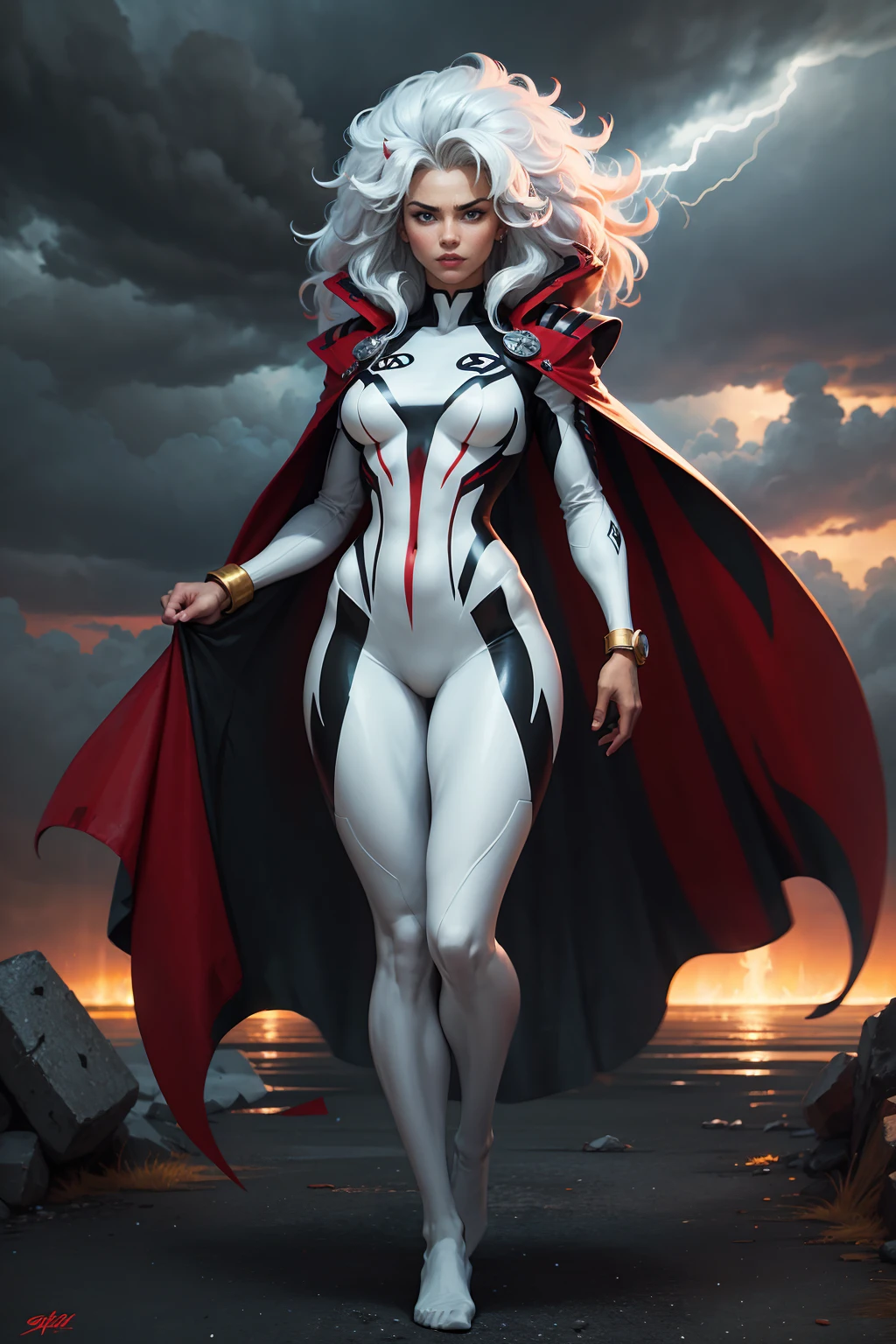((Full body photo, standing, feet on the floor)) best quality,highres,ultra-detailed,realistic:1.37,professional, black skin, dynamic,action shot,storm character art,storm from the X-Men,storm conjuring lightning,storm with flowing white hair,storm with intense gaze,storm in a powerful pose,strong facial features,storm's iconic cape,storm surrounded by storm clouds,storm with dramatic lighting,storm's eyes glowing white,storm's lightning powers crackling,storm with an intense expression,storm with a determined look,storm wearing her classic costume,storm floating in the air,storm with winds swirling around her,storm creating a thunderstorm,storm casting lightning bolts,storm's cape billowing in the wind,storm with a fierce and confident posture,vivid colors,bokeh,portrait
