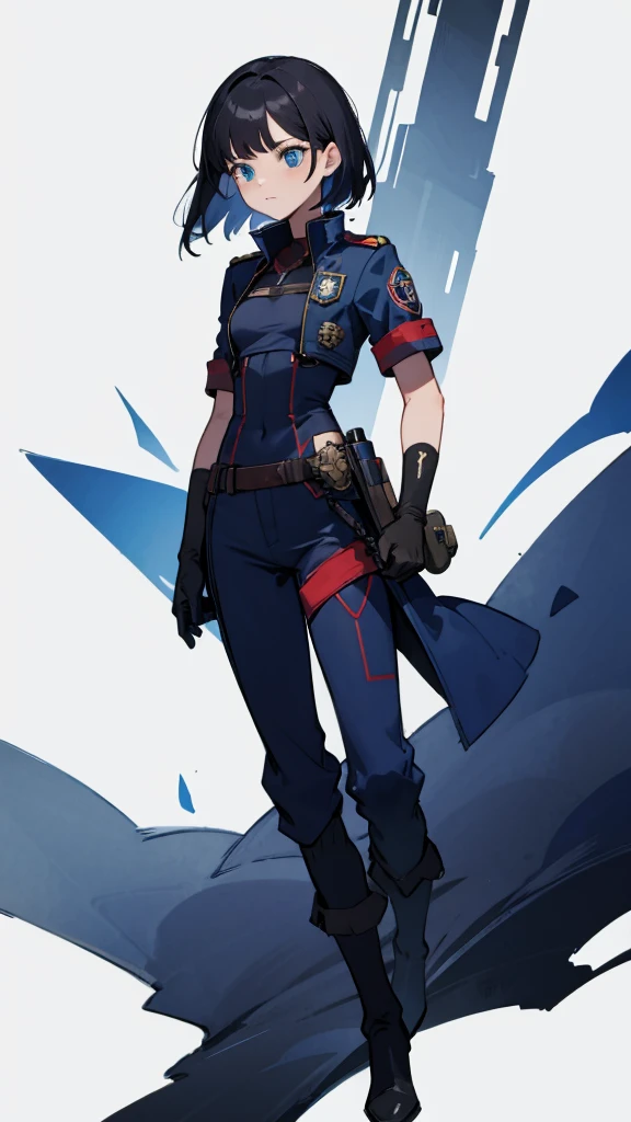 1,An android that resembles a human,Deep blue eyes,Short black hair,Dark blue uniform,Island symbol on chest,Red armband on right arm,gloves,Dark blue pants for easy movement,Many side pockets,Black leather boots,badge,White background,whole body,Character portrait,