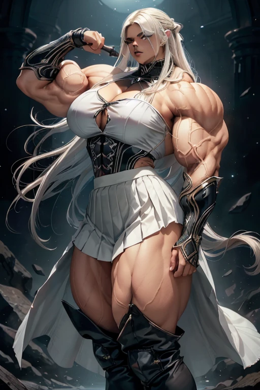(Masterpiece, ultra detailed: 2.95), (beautiful face: 2), perfect lighting, skin teeth, very beautiful Nordic woman bodybuilder giant muscles with disproportionately giant breasts of thick long legs, bending a steel bar, (flex: 3), flexing legs, (Sexy She-Ra outfit: 4), sexy look, full body using up to 4/7 centered image width,