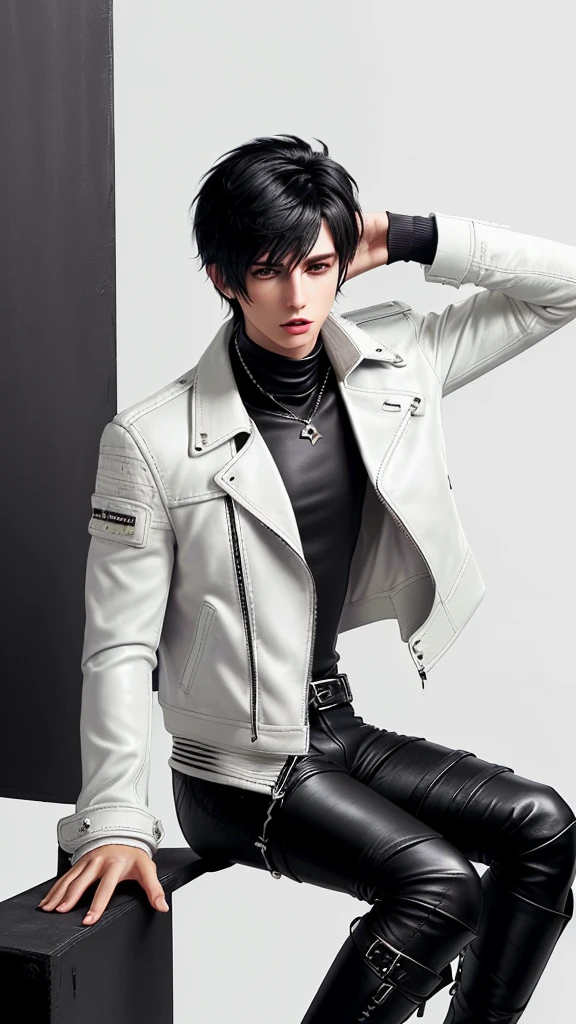 Final fantasy taste and reality graphics, Japanese young cute and cool ikemen  boy, his age is early 20s, thin eyebrows and beady eyes,  ((he wearing off white color leather  thick material jacket)), ((jacket is singlebrest)), biker style jacket, with epaulet, jacket is long sleeve, ((must close the front of the leather jacket)), , ((voluminous leather jacket)), ,((must jacket is high length and stand-up collar)) ((jacket collar with two belts)), ((jacket is a little black color line pattern)),((close the front of the jacket)), ((also wearing black thick material turtleneck lackluster shirts)),  ((tight black leather pants)),  ((must put on a black leather tight and thin glove both hands)), ((black leather knee-high raceup boots)),((must views  head-to-toe)),((must views whole body)), ,((Do not show skin from the neck down)),leather jacket leather glove and leather pants have few wrinkles,boy in the prison room, Avoid showing your innerwear,zip up jacket fastner.
Boy touching owns private parts with right hand.
Bous face is expression of ecstasy.
Boy is black hair.boy looks like fashion model.