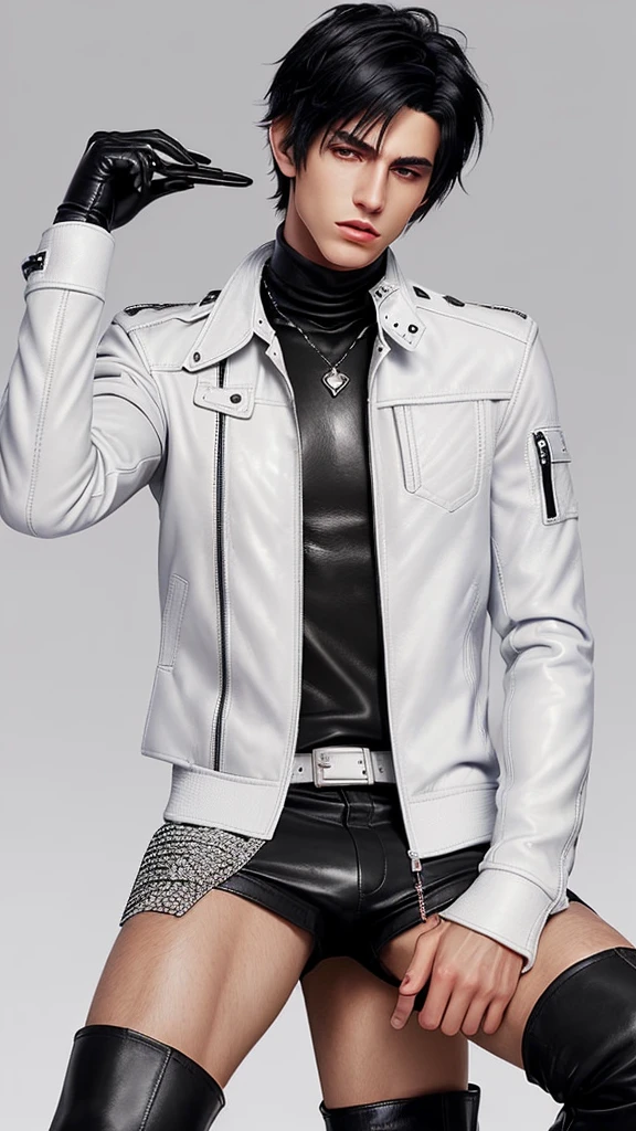 Final fantasy taste and reality graphics, Japanese young cute and cool ikemen boy, his age is early 20s, thin eyebrows and beady eyes, ((he wearing off white color leather thick material jacket)), ((jacket is singlebrest)), biker style jacket, with epaulet, jacket is long sleeve, ((must close the front of the leather jacket)), , ((voluminous leather jacket)), ,((must jacket is high length and stand-up collar)) ((jacket collar with two belts)), ((jacket is a little black color line pattern)),((close the front of the jacket)), ((also wearing black thick material turtleneck lackluster shirts)), ((tight black leather pants)), ((must put on a black leather tight and thin glove both hands)), ((black leather knee-high raceup boots)),((must views head-to-toe)),((must views whole body)), ,((Do not show skin from the neck down)),leather jacket leather glove and leather pants have few wrinkles,boy in the prison room, Avoid showing your innerwear,zip up jacket fastner.
Boy touching owns private parts with right hand.
Bous face is expression of ecstasy.
Boy is black hair.boy looks like fashion model.