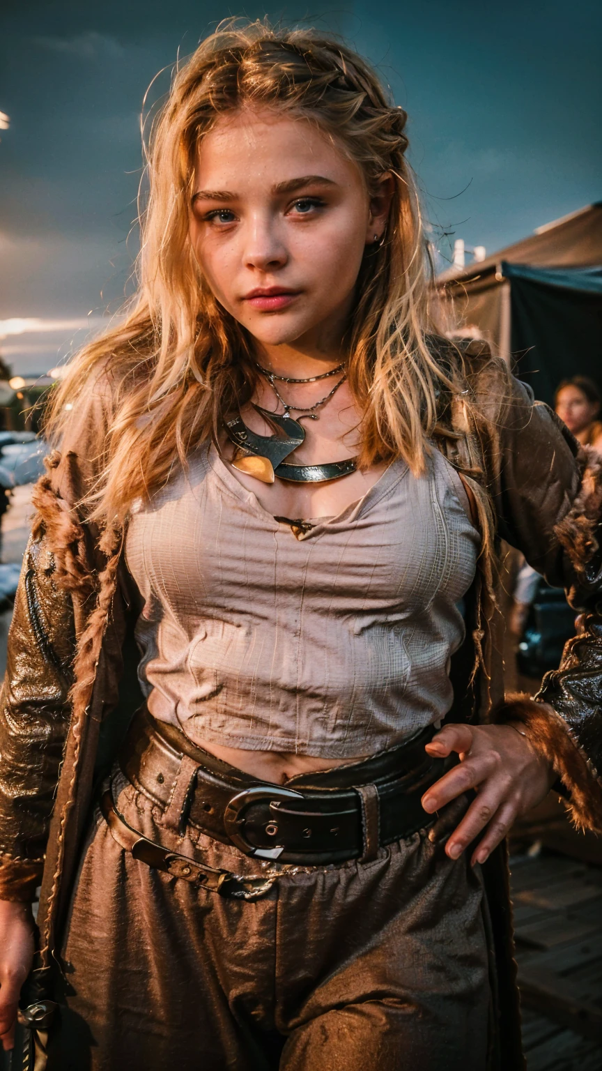 Masterpiece, Best quality, (photorealistic1.4), (UHD), (Cleavages), (epiCRealLife:1.0), (flashphoto), (flash photography), (night time), (chl03gm), (Chloe Grace Mortez wearing Viking armor), (V1k1ng, furs, leather armor, braids,), (VikAr costume), (cowboy shot), (in a Viking town)