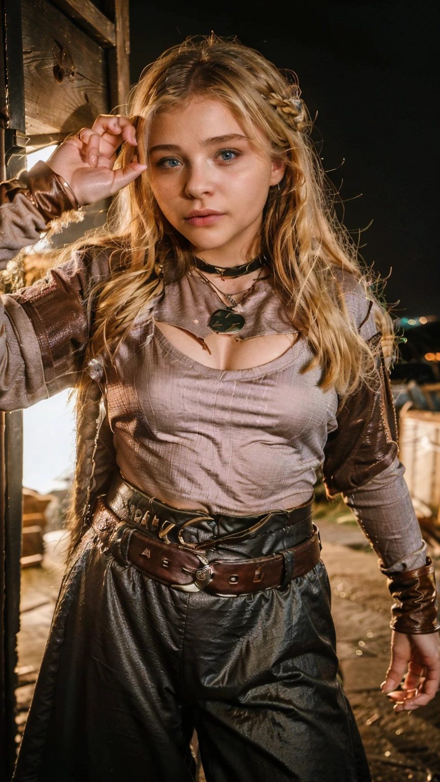 Masterpiece, Best quality, (photorealistic1.4), (UHD), (Cleavages), (epiCRealLife:1.0), (flashphoto), (flash photography), (night time), (chl03gm), (Chloe Grace Mortez wearing Viking armor), (V1k1ng, furs, leather armor, braids,), (VikAr costume), (cowboy shot), (in a Viking town)