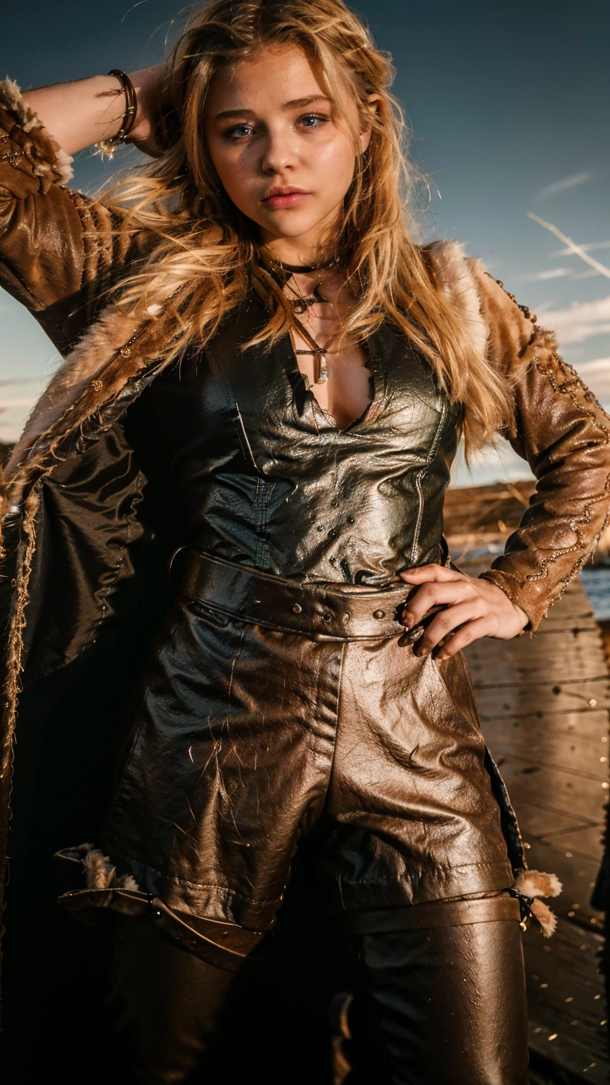 Masterpiece, Best quality, (photorealistic1.4), (UHD), (Cleavages), (epiCRealLife:1.0), (flashphoto), (flash photography), (night time), (chl03gm), (Chloe Grace Mortez wearing Viking armor), (V1k1ng, furs, leather armor, braids,), (VikAr costume), (cowboy shot), (in a Viking town)