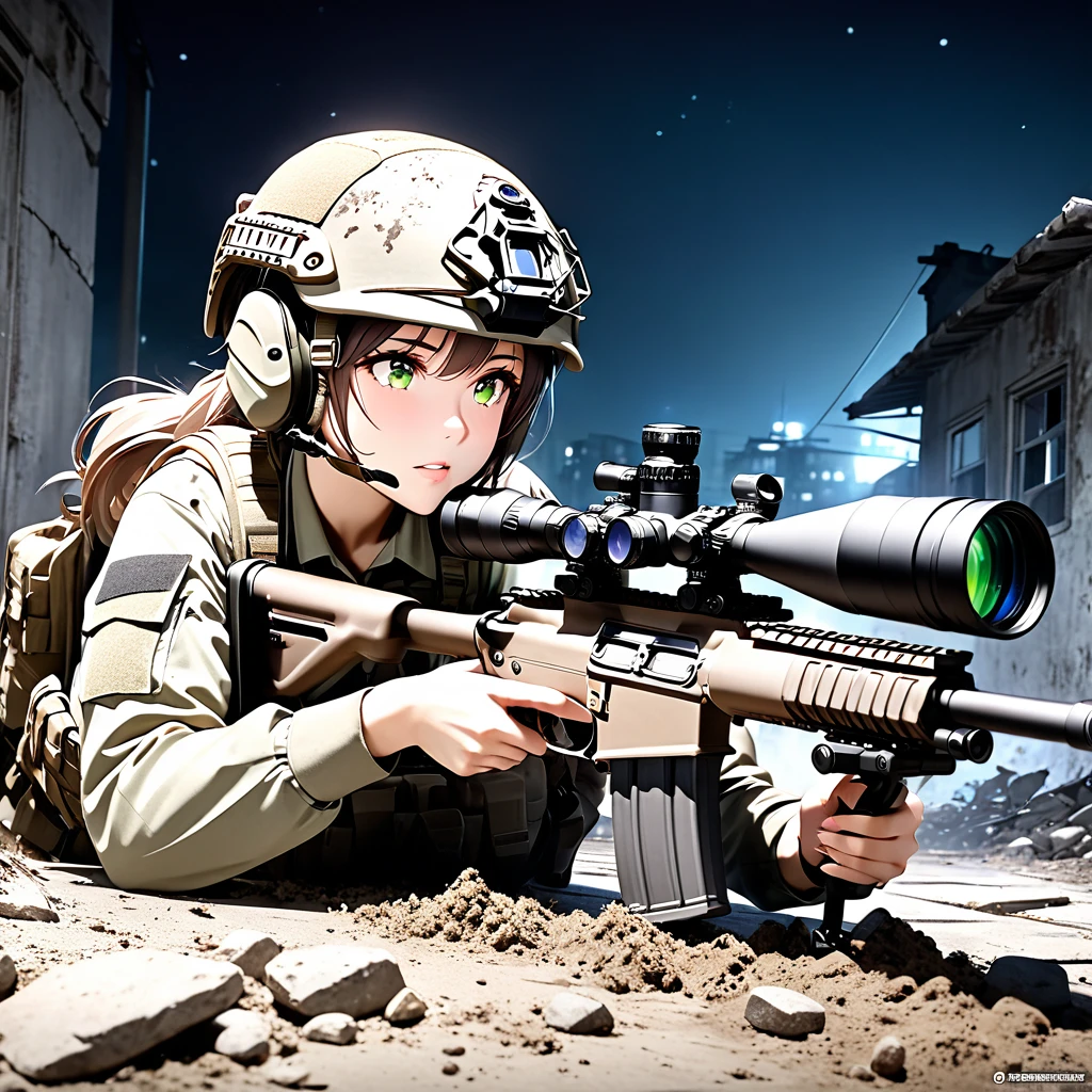 Ultra-high resolution 3D CG art,A modern soldier girl is sniping at night,Girls are modern snipers,Her hair is short and chestnut.On his head he wears an urban camouflage helmet, the kind worn by modern soldiers.Put on night vision goggles and look through the rifle scope.Wearing modern soldier uniforms in urban camouflage and carrying military backpacks,Possess a long-range sniper rifle He is lying face down on the ground on the roof of an abandoned building, looking through the scope of a rifle.Tension, nervousness,The girl was covered in mud and dust.Night vision goggles green light afterglow effect,The beautiful depiction and luster of the rifle,A perspective of a girl seen from diagonally in front,(High quality,high resolution, masterpiece, best quality4k, 8k.1.2)Ultra detail,Ultra-fine painting,Super Fine View,