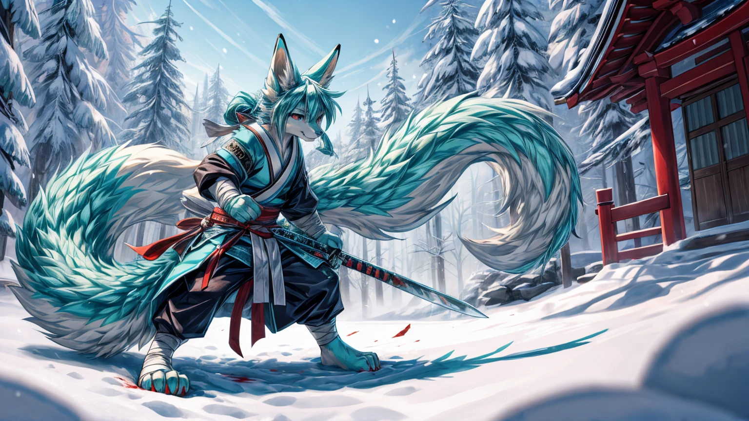 The best quality, Japanese adolescent hatsune miku x kitsune, elongated fox snout add_detail,shinobi warrior in the snow add_detail:1, barefoot with bandages add_detail:1 mystical aura, as if it were a Japanese canvas add_detail, He has a katana covered in blood 
