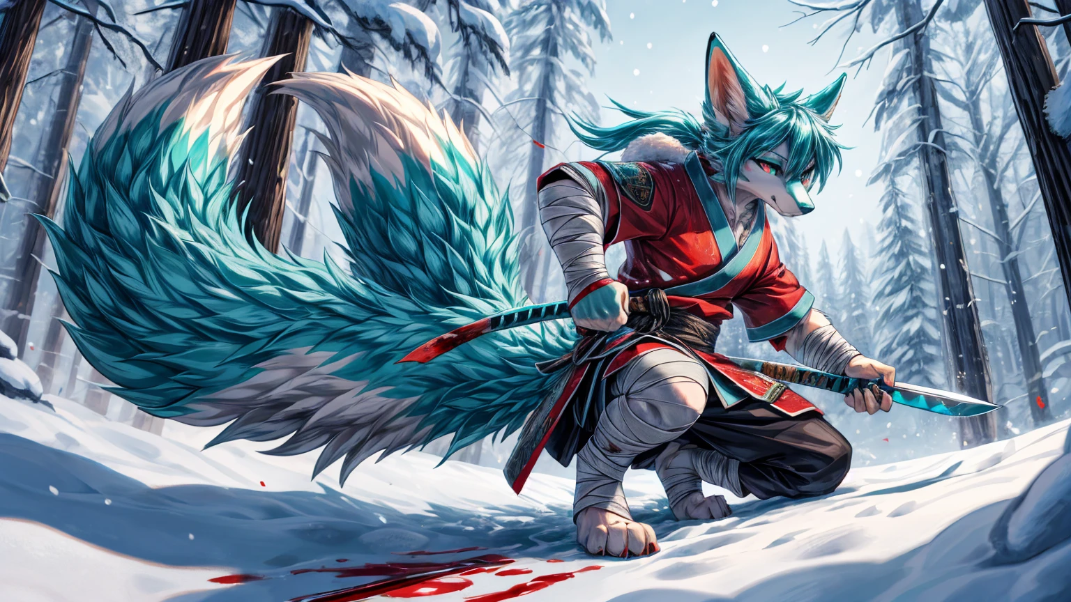 The best quality, Japanese adolescent hatsune miku x kitsune, elongated fox snout add_detail,shinobi warrior in the snow add_detail:1, barefoot with bandages add_detail:1 mystical aura, as if it were a Japanese canvas add_detail, He has a katana covered in blood 