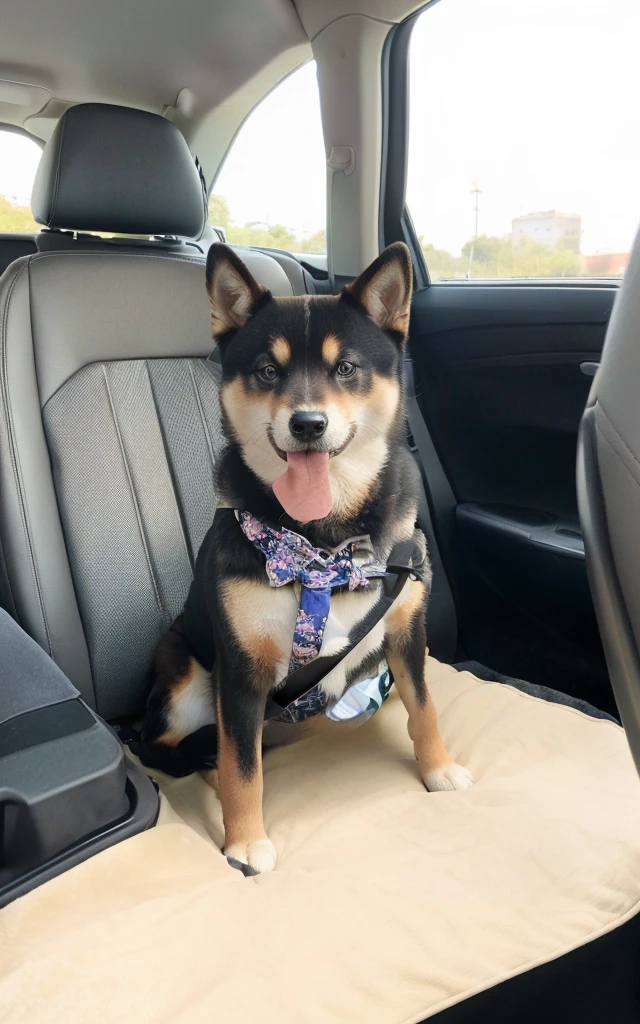 一只微笑着可爱的Shiba Inu坐在The back seat of the car上, The back seat of the car,There is a beige diaper on the seat.,Natural light and shadow,Natural wrinkles,Ultra-realistic photography,Beige short plush diaper blanket,Shiba Inu, Well-dressed, Sitting in her car, A handsome,Panoramic view, Full portrait, Looks smart, Shiba Inu, looking heckin cool and stylish, full functioning, beautiful girl
