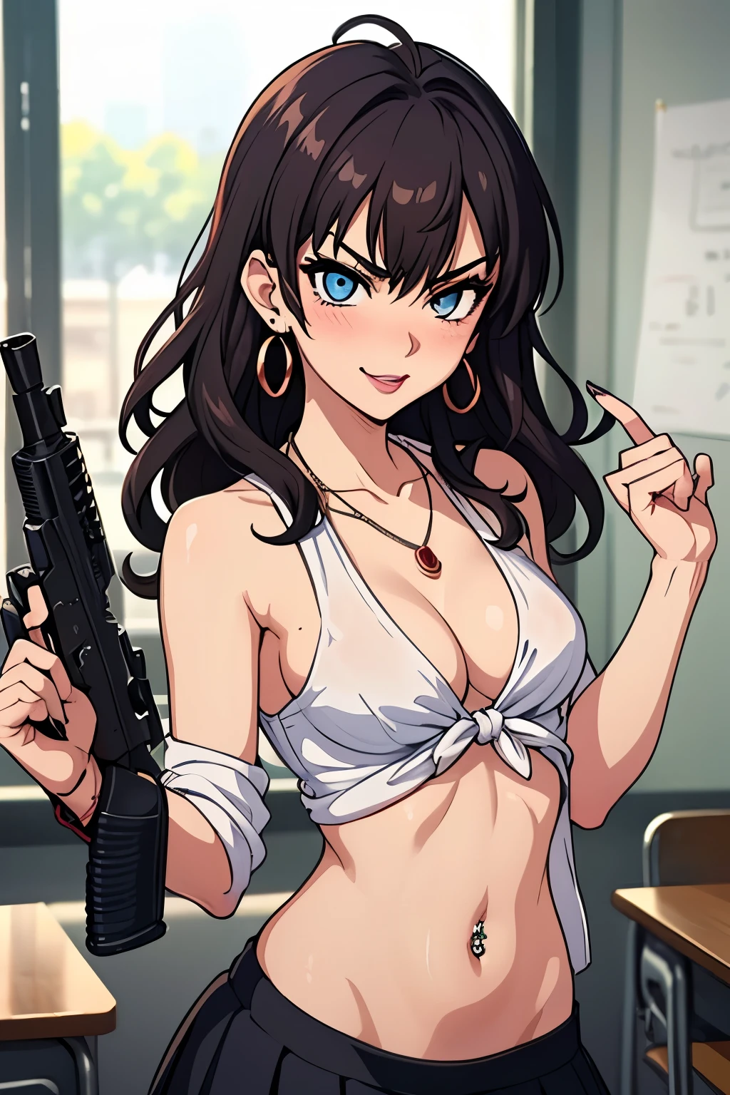 minamikurose,  blue eyes,  jewelry,  purple hair, earrings, blush, lipstick,  masterpiece, best quality, ((unbuttoned , cleavage, necklace, earrings, sexy body,
breasts)) , micro skirt, smiling, navel , exposed belly, exposed navel,,school,knot,
classroom , holding a gun, hold a gun, navel piercing