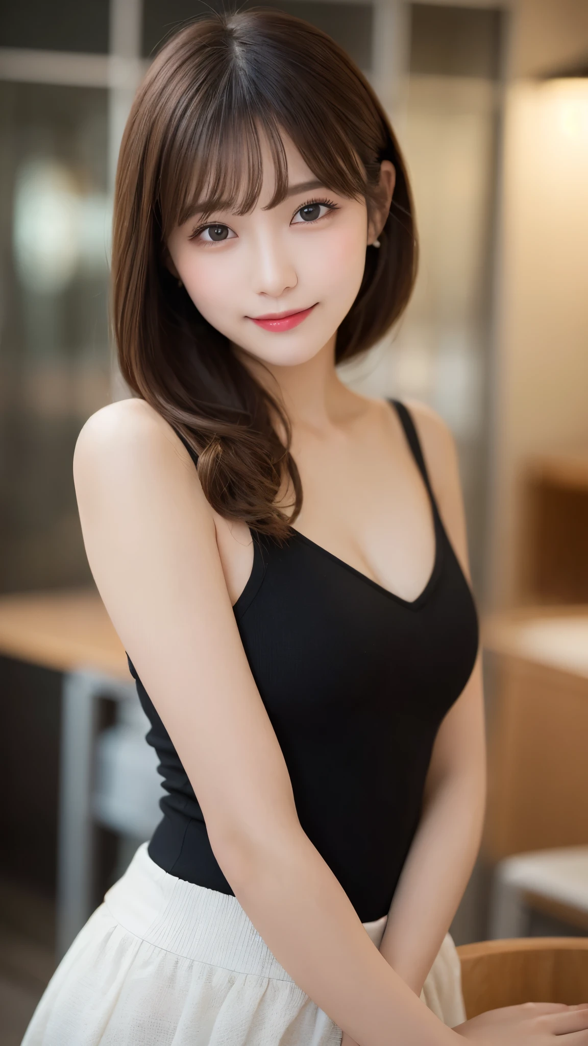 Tabletop, Highest quality, shape, Very detailed, finely, High resolution, 8k wallpaper, 完璧なダイナミックな構shape, Beautiful and exquisite,ランダムなcute髪,,Natural color lip, Bold sexy pose,smile、20-year-old girl、cute、Looking into the camera,Always blur the background,Perfect and beautiful face,Slim face and figure,Big eyes、Putting on gal makeup,Small face,Shooting from below、Blurred Background,Elegant feminine face、smile、Actual Photos、Loritach、Actual photo、RAW Photos、Real human skin,finely描かれた肌:1,4