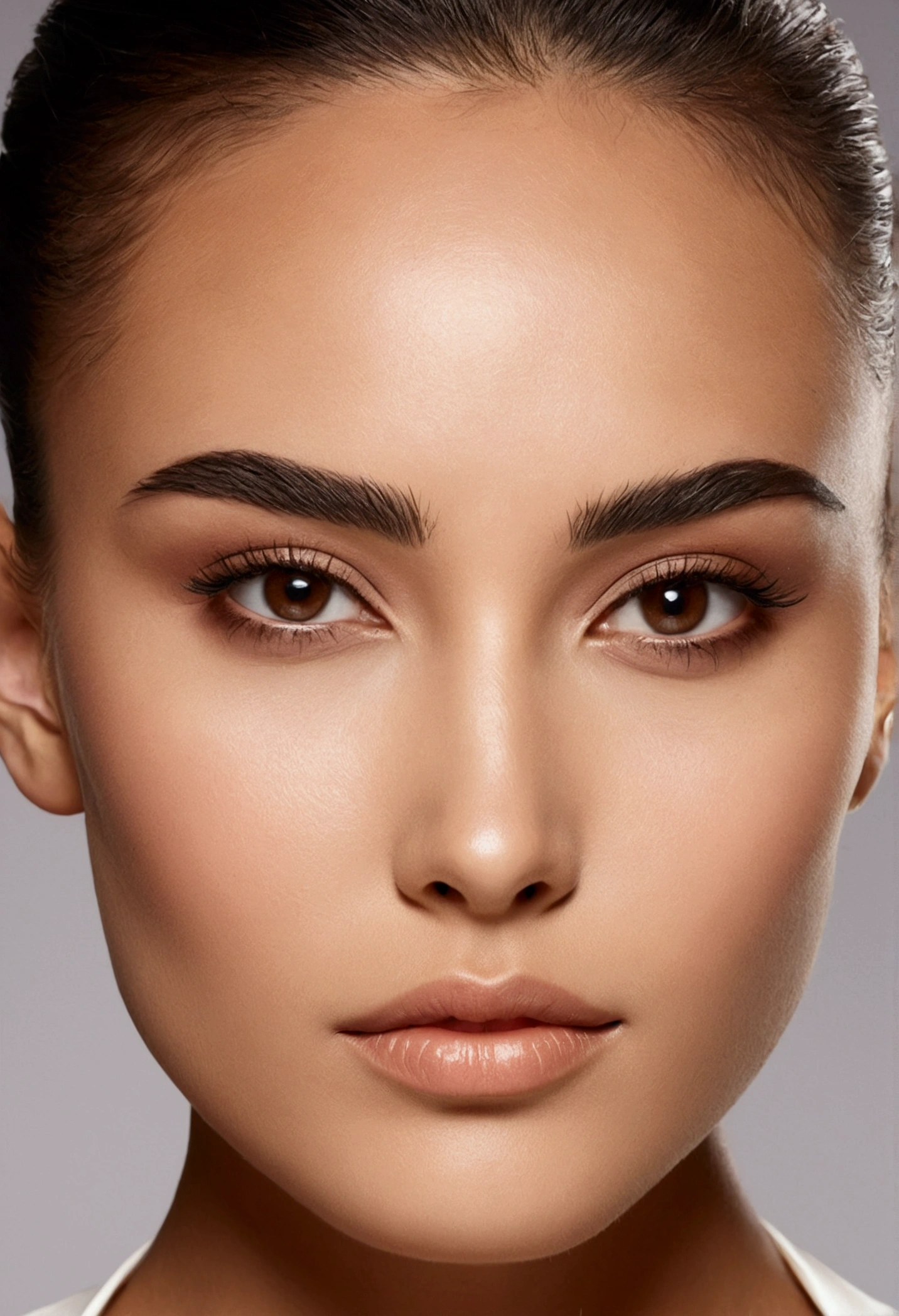 Face shape: From OvalTest: Moderately wide and gently sloping eyebrows: Arched and well-defined eyes: medium, almond-shaped with brown irisEyelids: Slightly droopyNose: Slightly upturned with defined tipCheekbones: Prominent and well-marked Lips: Full and balanced, with upper lip slightly thinner than the lower oneChin: Smooth and slightly spiky skin: medium skin tone, smooth and uniform
