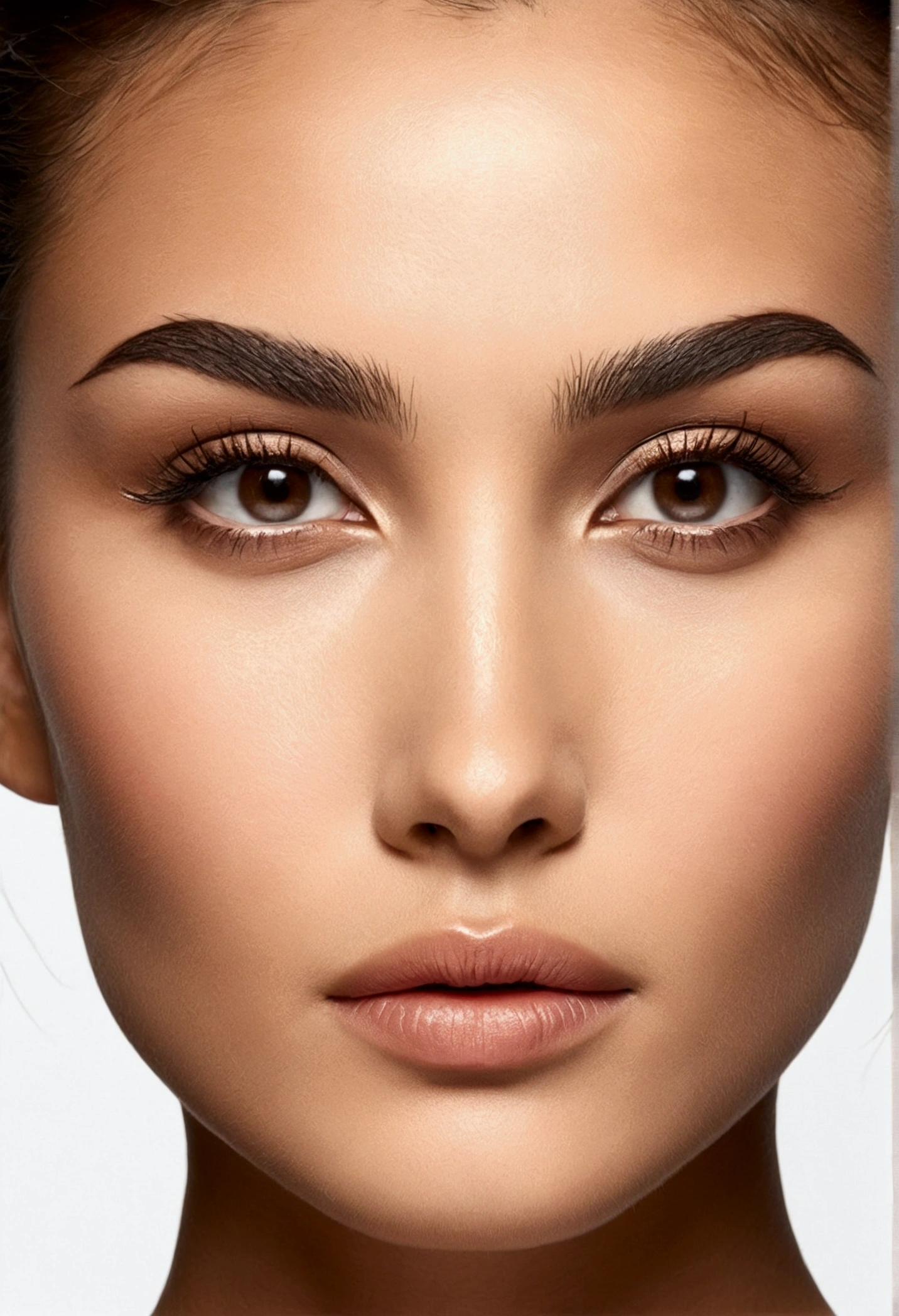 Face shape: From OvalTest: Moderately wide and gently sloping eyebrows: Arched and well-defined eyes: medium, almond-shaped with brown irisEyelids: Slightly droopyNose: Slightly upturned with defined tipCheekbones: Prominent and well-marked Lips: Full and balanced, with upper lip slightly thinner than the lower oneChin: Smooth and slightly spiky skin: medium skin tone, smooth and uniform