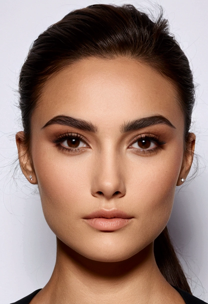 Face shape: From OvalTest: Moderately wide and gently sloping eyebrows: Arched and well-defined eyes: medium, almond-shaped with brown irisEyelids: Slightly droopyNose: Slightly upturned with defined tipCheekbones: Prominent and well-marked Lips: Full and balanced, with upper lip slightly thinner than the lower oneChin: Smooth and slightly spiky skin: medium skin tone, smooth and uniform