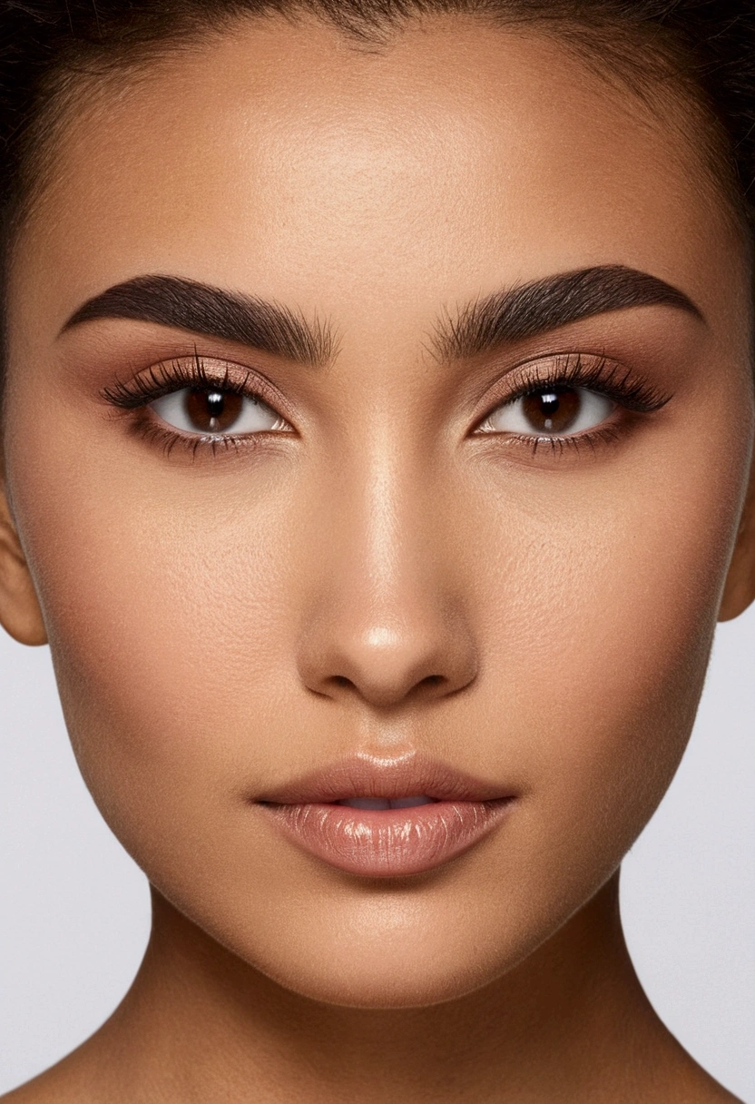 Face shape: From OvalTest: Moderately wide and gently sloping eyebrows: Arched and well-defined eyes: medium, almond-shaped with brown irisEyelids: Slightly droopyNose: Slightly upturned with defined tipCheekbones: Prominent and well-marked Lips: Full and balanced, with upper lip slightly thinner than the lower oneChin: Smooth and slightly spiky skin: medium skin tone, smooth and uniform