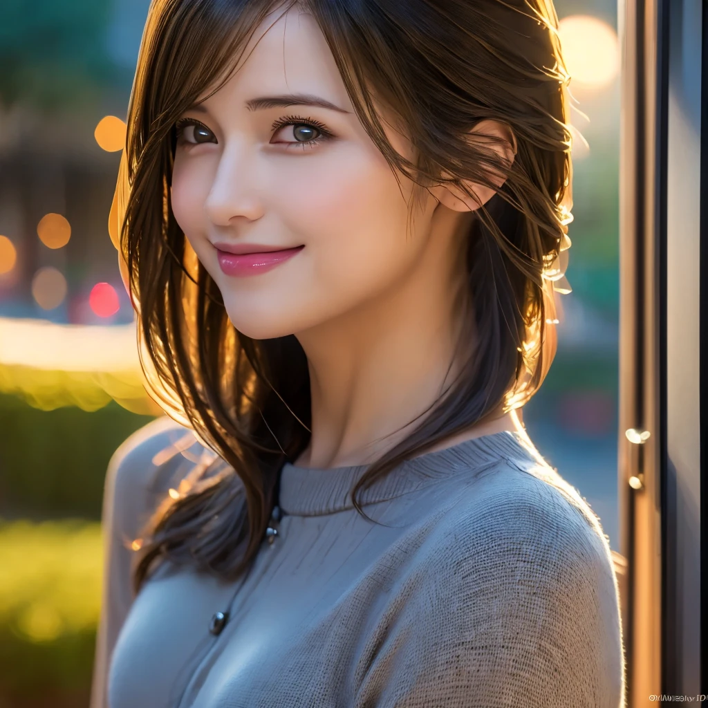 A gorgeous milf, smiling shyly with rosy cheeks, medium length hair in ponytail, hot casual sexy outfit, lover, outdoor, dating, intimate, detailed face, beautiful eyes, lush lips, intricate hairstyle, warm lighting, soft focus, photorealistic, cinematic composition, romantic atmosphere, (best quality,4k,8k,highres,masterpiece:1.2),ultra-detailed,(realistic,photorealistic,photo-realistic:1.37),HDR,UHD,studio lighting,ultra-fine painting,sharp focus,physically-based rendering,extreme detail description,professional,vivid colors,bokeh,portrait