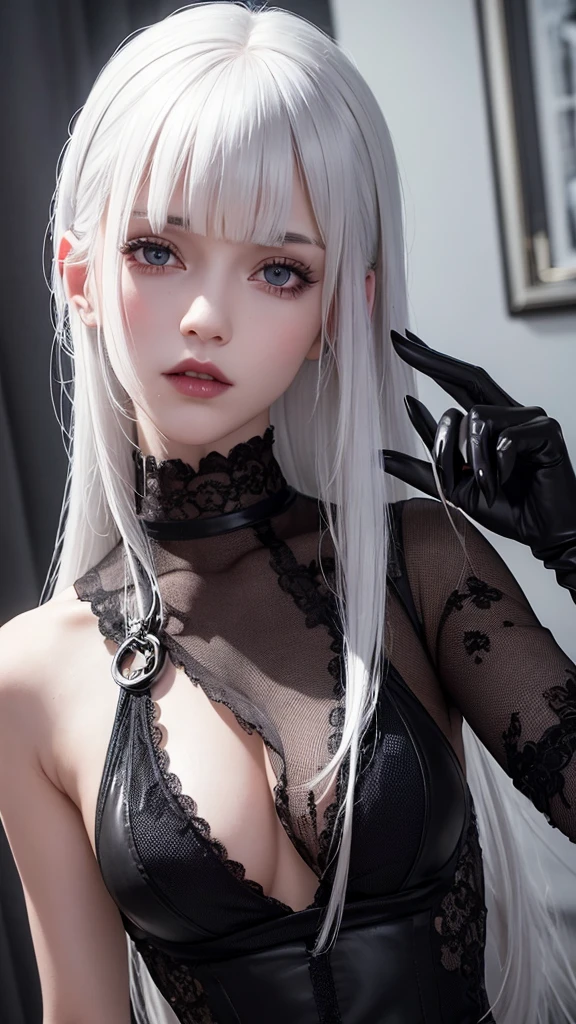 girl with white hair,with bangs, black gloves, gothic,4K, masterpiece, perfect body, stem,perfect eyes, perfect shading, perfect lighting, best quality, work of art, ultra detailed, detailed clothing