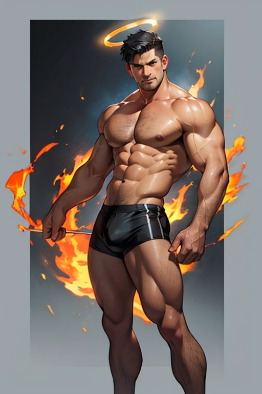 a muscular middle-aged man with short black hair, halo made of fire, wearing a bathing suit, solo, high resolution, simple background, full body portrait, large chest, unshaven, 